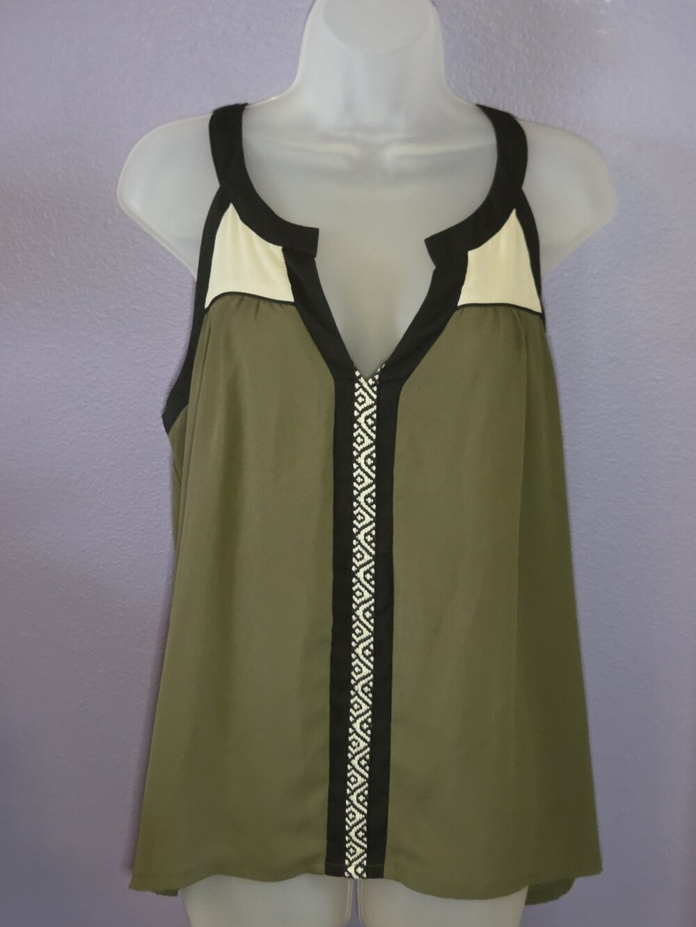 Olive Green Sleeveless V-Neck Tank with Contrast Trim